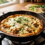 Batata recheada de frigideira dourada e crocante com queijo derretido saindo pelo meio