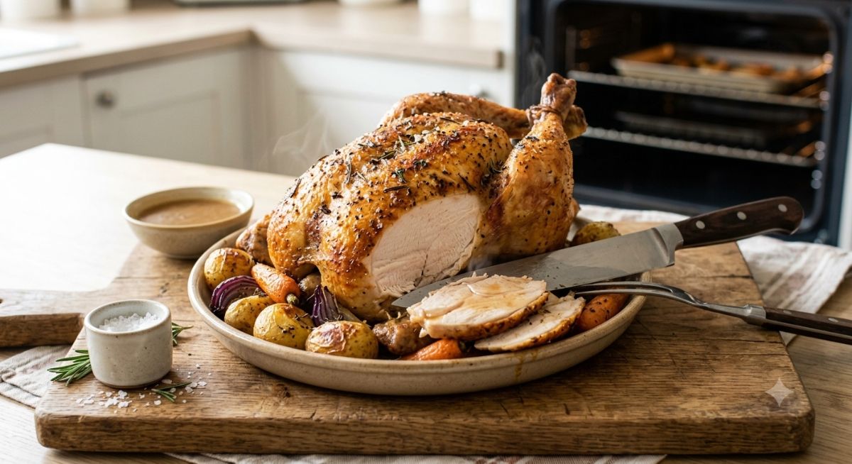 Um frango assado inteiro e dourado, com pele crocante salpicada de ervas finas, servido em uma travessa redonda sobre uma tábua de madeira rústica. O frango está parcialmente fatiado, revelando o peito branco e suculento saindo fumaça. Ao redor, há batatas bolinha coradas, cenouras e cebola roxa assadas. Uma faca de corte e um garfo trinchante repousam ao lado da carne. No fundo desfocado, vê-se uma cozinha clara e o forno elétrico aberto de onde o prato acabou de sair.